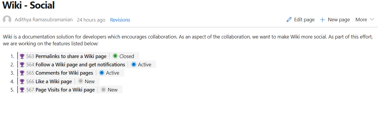Screenshot che mostra le menzioni degli elementi di lavoro potenziati.