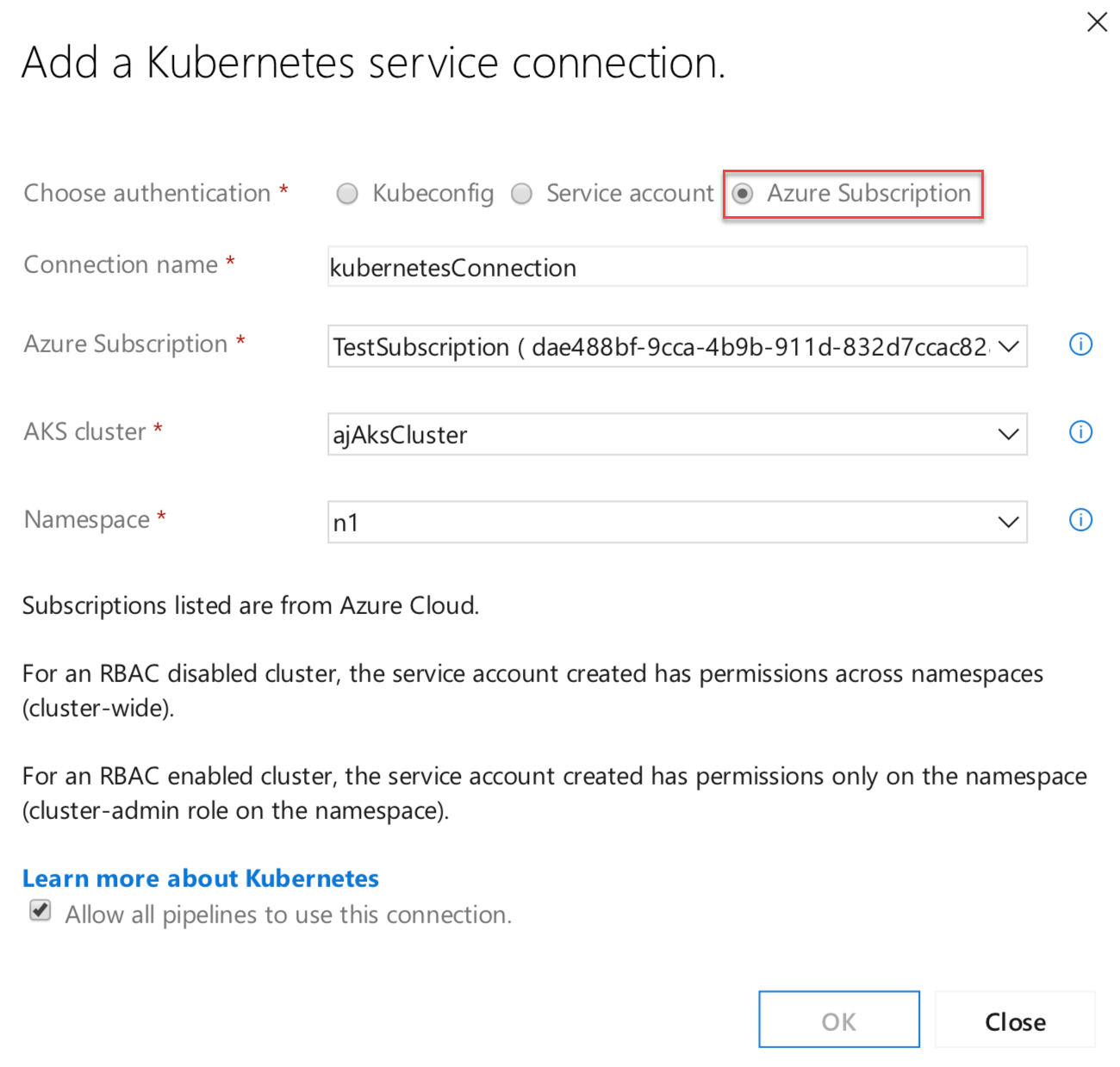 Screenshot della finestra di dialogo Aggiungi una connessione al servizio Kubernetes con l'opzione Sottoscrizione di Azure messa in evidenza.