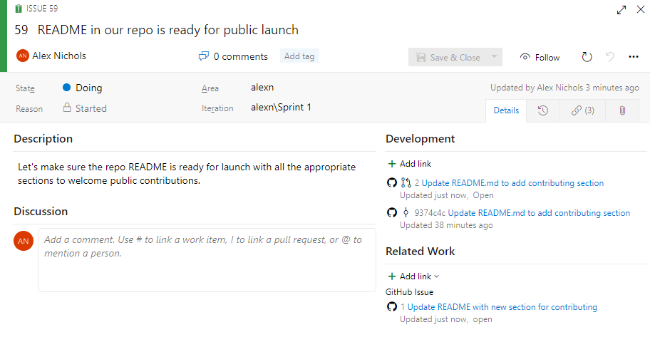 Screenshot che illustra come collegare manualmente in Azure Boards utilizzando l'URL del problema di GitHub.