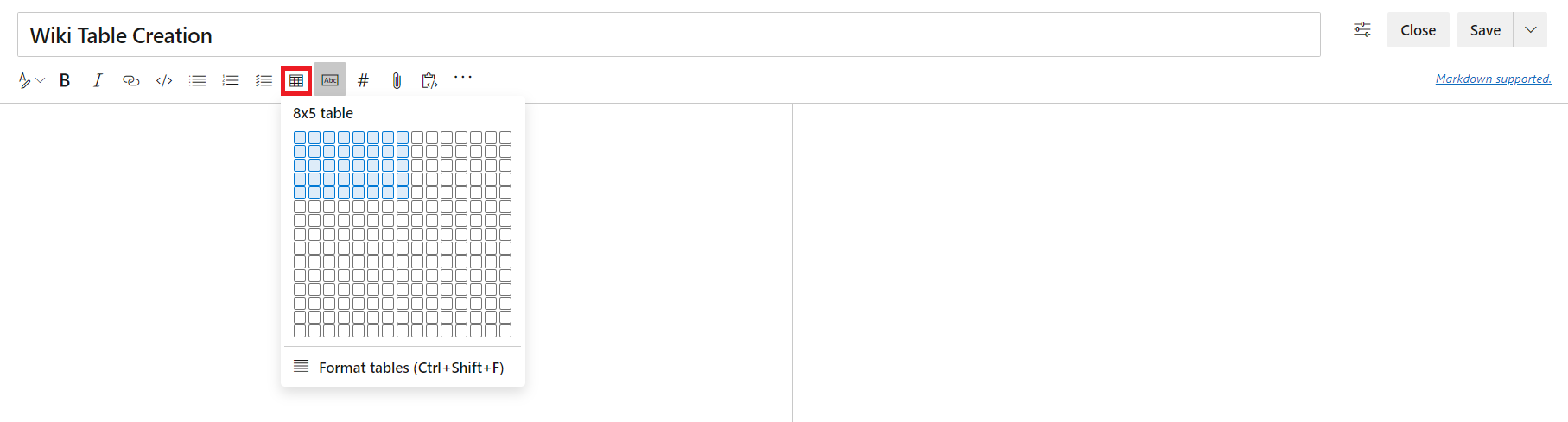 Screenshot che mostra una pagina wiki vuota con l'opzione Formato tabella selezionata.