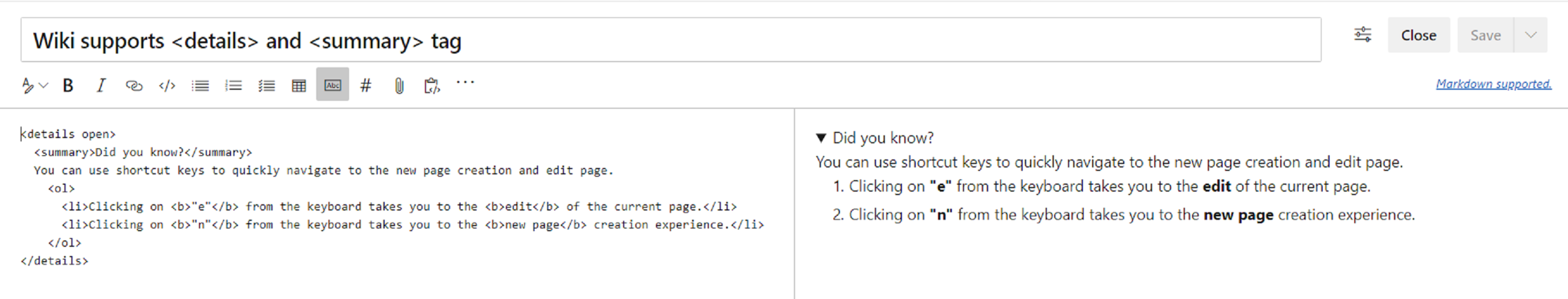 Screenshot che mostra le sezioni collapsible create con i dettagli e i tag di riepilogo.