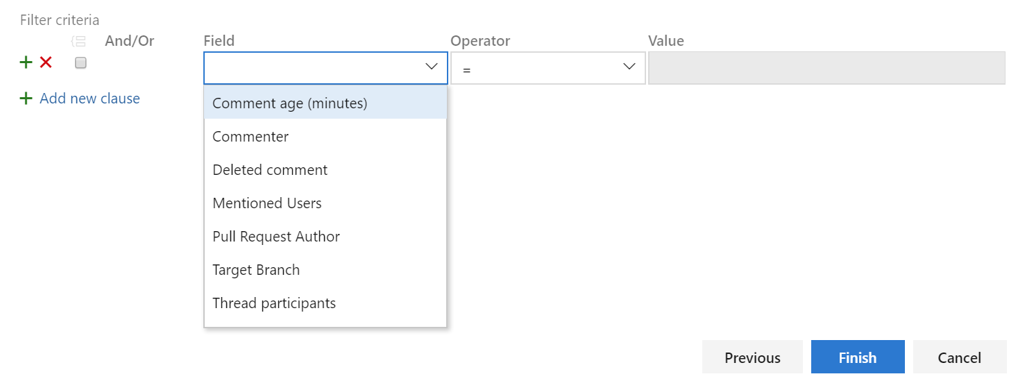 Screenshot che mostra la pagina dei criteri di filtro e il contenuto dell'elenco a discesa del Campo.