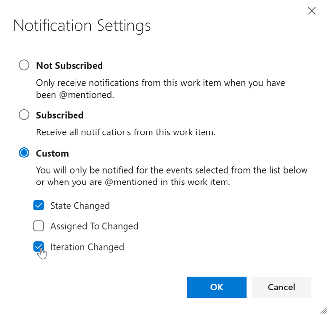 Screenshot della finestra di dialogo Impostazioni notifiche che mostra il pulsante di opzione Personalizzato selezionato, insieme alle opzioni Stato modificato e Iterazione modificata.