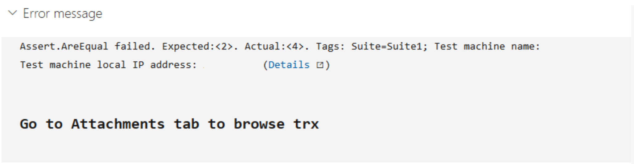 Screenshot che mostra il supporto markdown nei messaggi di errore dei test automatizzati.