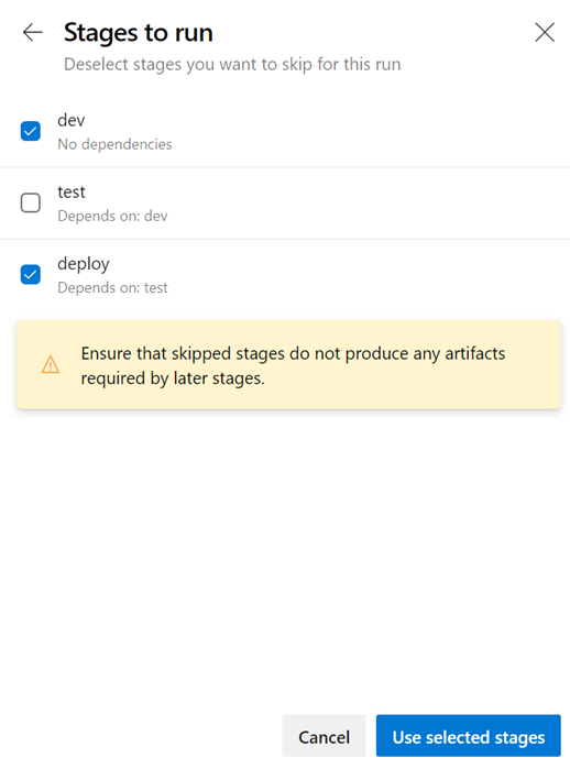 Screenshot che mostra la sezione Fasi da eseguire con l'opzione di sviluppo e l'opzione deploy selezionata.