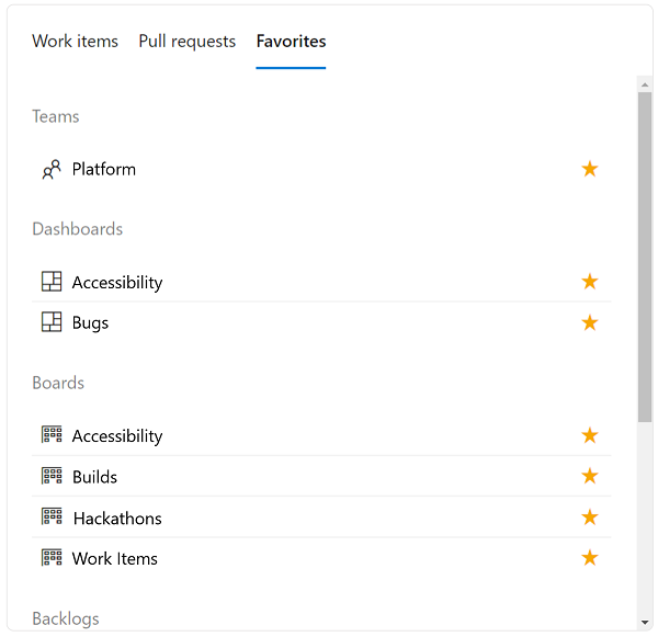 I miei preferiti nel riquadro a comparsa lavoro