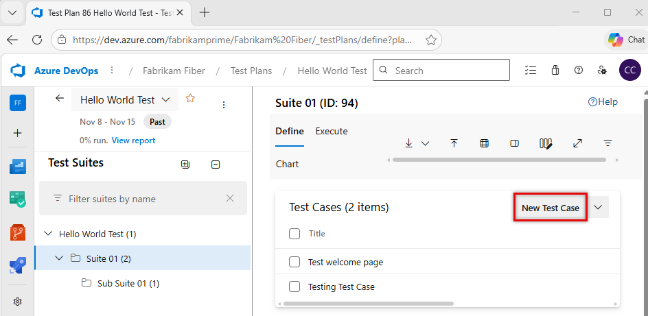 Screenshot che mostra i test case con il pulsante Nuovo test case evidenziato.