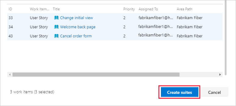 Screenshot che mostra l'aggiunta di suite basate su requisiti per gli elementi del backlog.