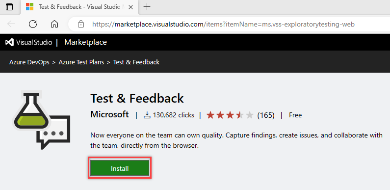 Screenshot di Visual Studio Marketplace, estensione Test e Feedback, Installa.