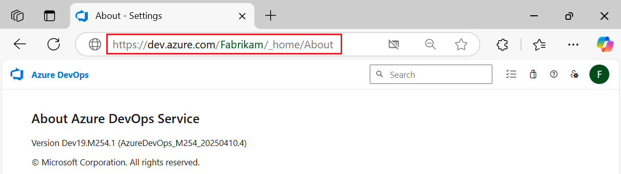 Screenshot della pagina Informazioni di Azure DevOps Services che mostra la piattaforma utilizzata dall'organizzazione e il numero di versione.