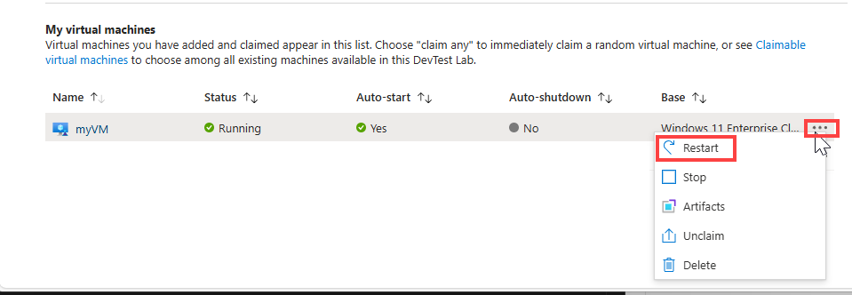 Screenshot che mostra l'opzione Riavvio macchina virtuale nel menu con i puntini di sospensione.