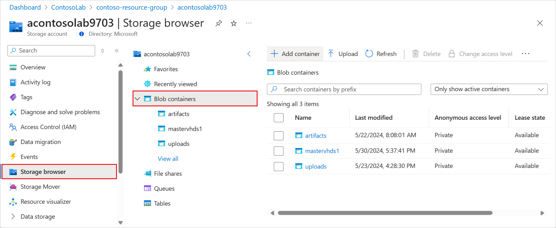 Screenshot che mostra la visualizzazione del browser di archiviazione per l'account di archiviazione con contenitori BLOB di Azure relativi.