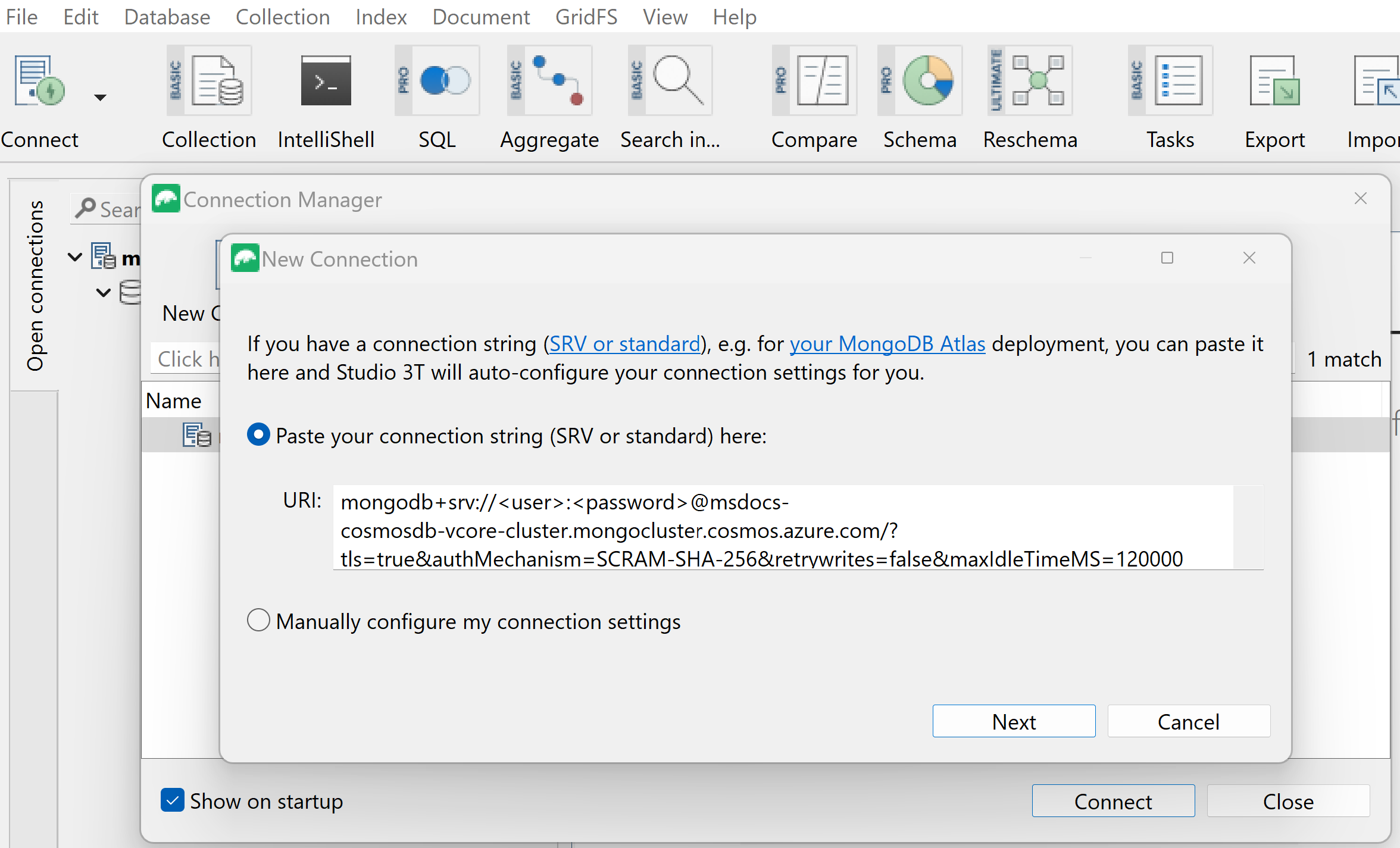 Screenshot della finestra di dialogo per l'immissione delle credenziali di connessione in Studio 3T.