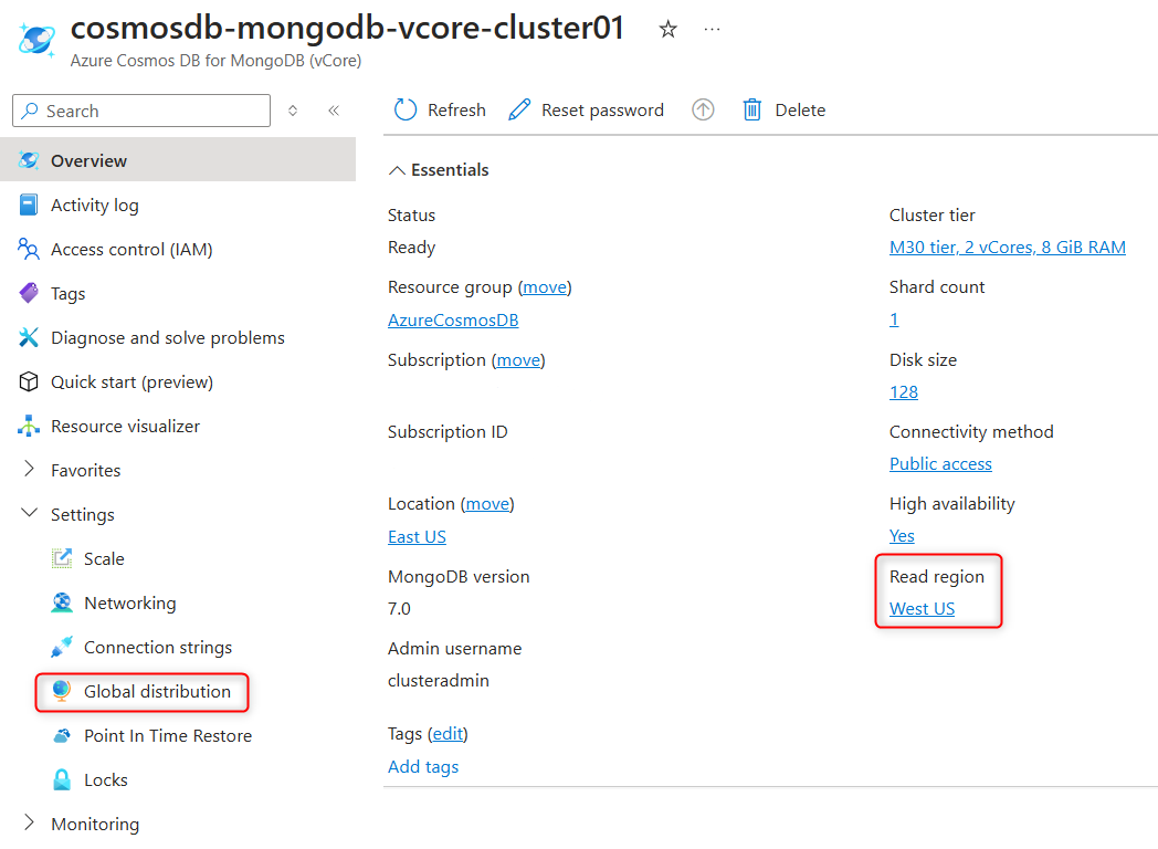 Screenshot dello stato della replica del cluster nella pagina Panoramica e nella pagina Distribuzione globale nel portale di Azure.