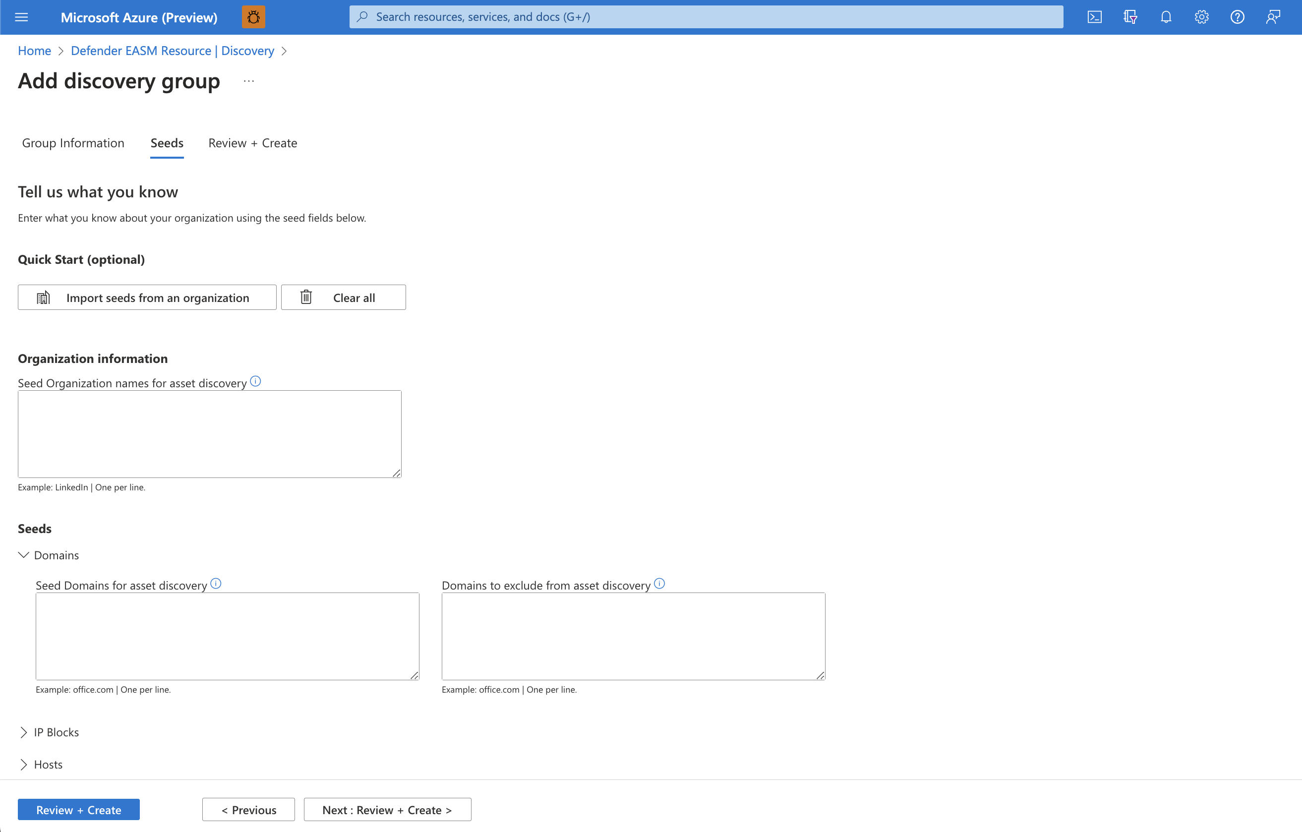 Screenshot della pagina di selezione dei valori di inizializzazione relativi alla configurazione del gruppo di individuazione