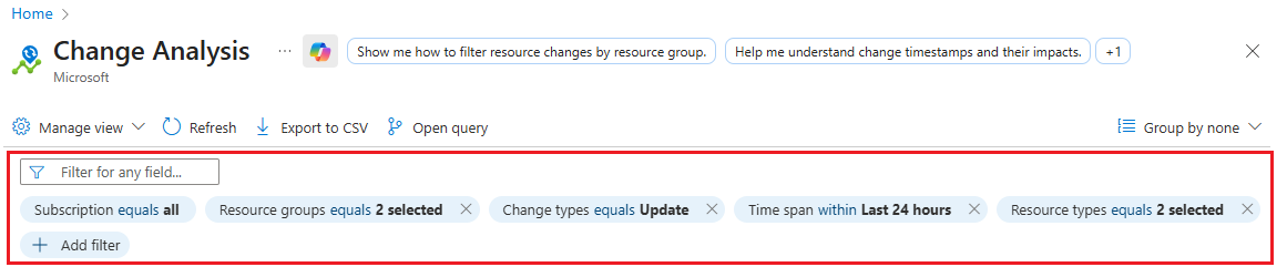 Screenshot dei filtri disponibili per Analisi delle modifiche che consentono di limitare i risultati di Analisi delle modifiche.
