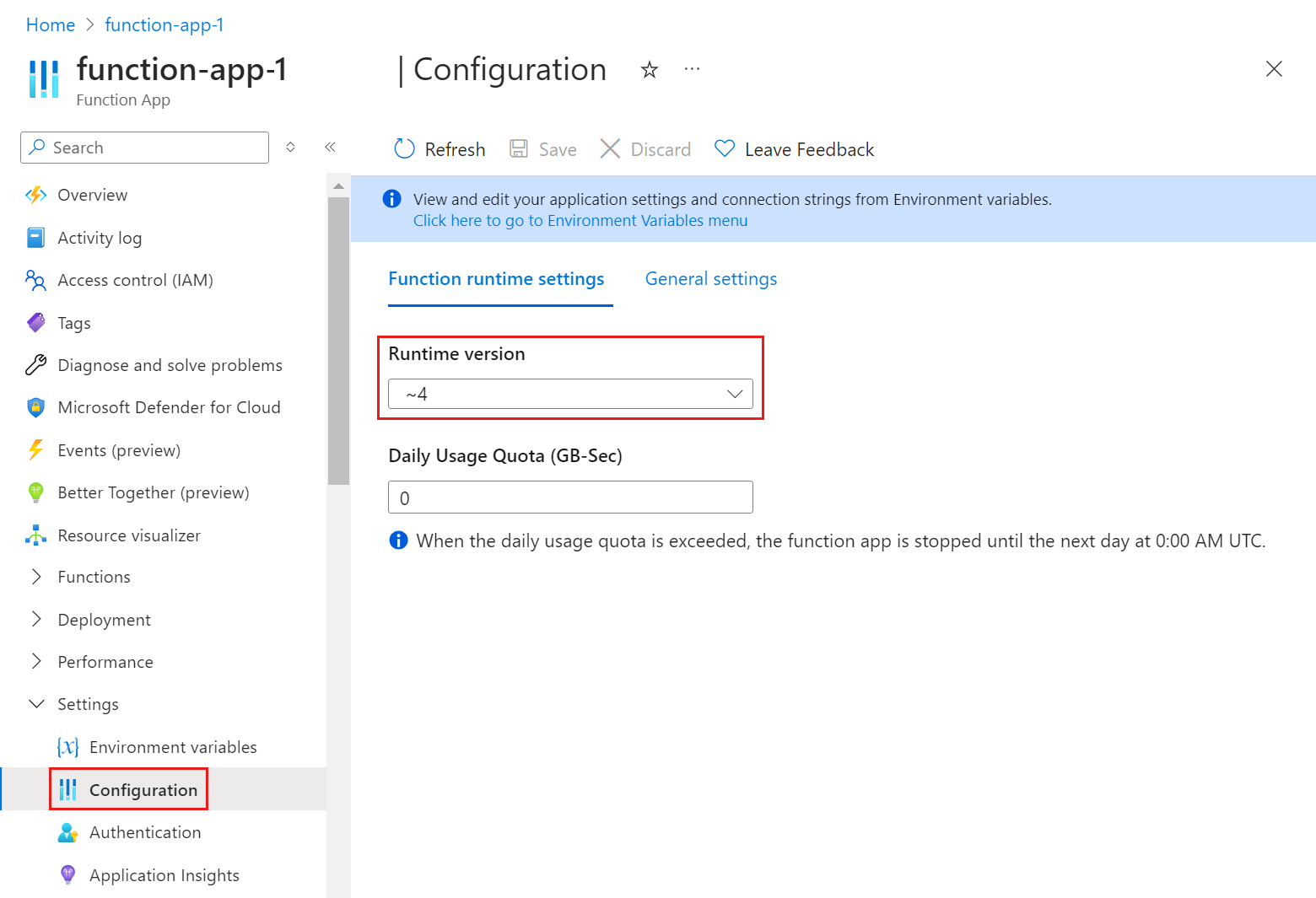 Screenshot che mostra come visualizzare la versione del runtime.