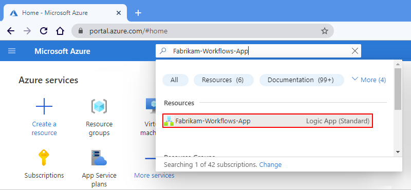 Screenshot che mostra la casella di ricerca di Azure con il nome dell'app per la logica immesso.