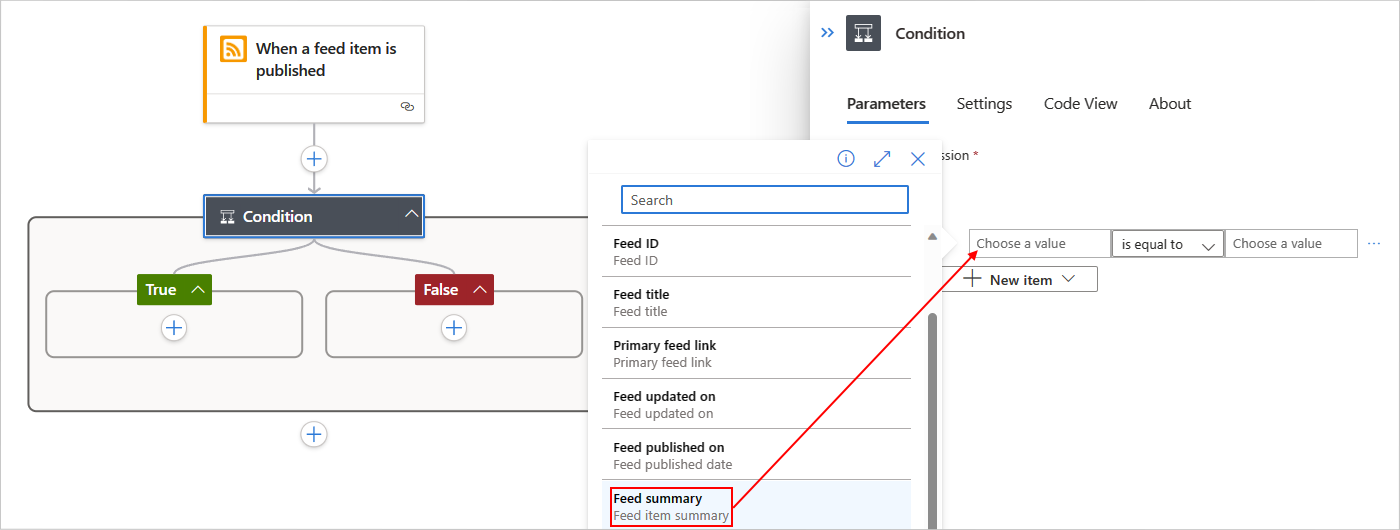 Screenshot che mostra il portale di Azure, la finestra di progettazione del flusso di lavoro Standard, il trigger RSS e l'azione Condizione con la costruzione di criteri.