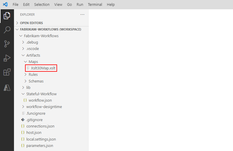 Screenshot che mostra la struttura del progetto di Visual Studio Code con le cartelle Artifacts e Maps espanse.