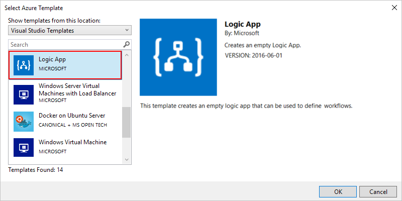 Screenshot che mostra il modello 'Logic App' selezionato.