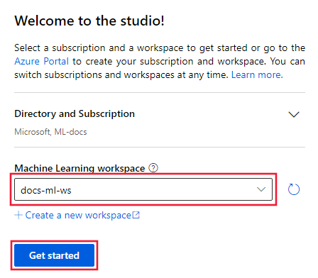 Screenshot del formulario di selezione dell'area di lavoro Machine Learning.