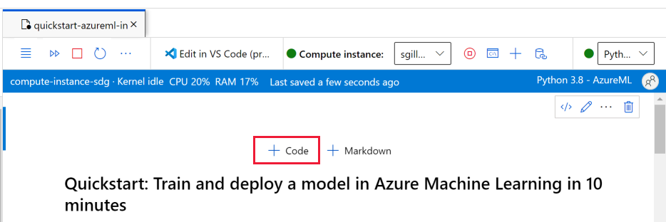 Screenshot dell'aggiunta della cella di codice per il notebook.