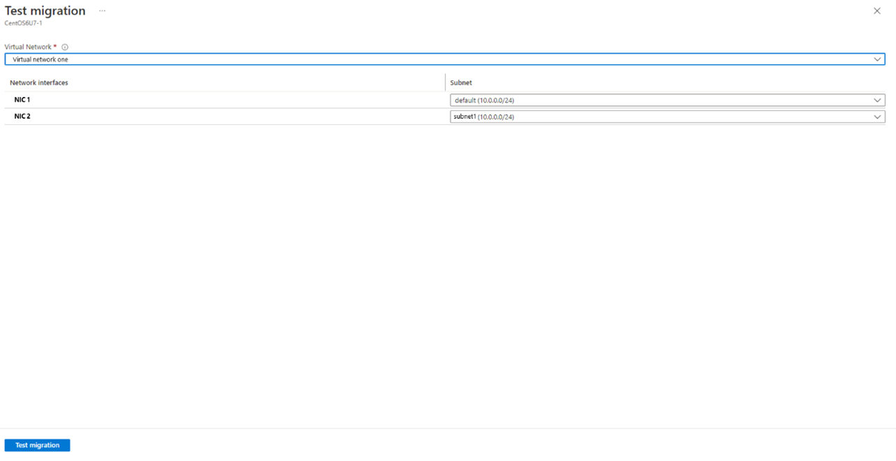 Screenshot che mostra la selezione della subnet durante la migrazione di prova.