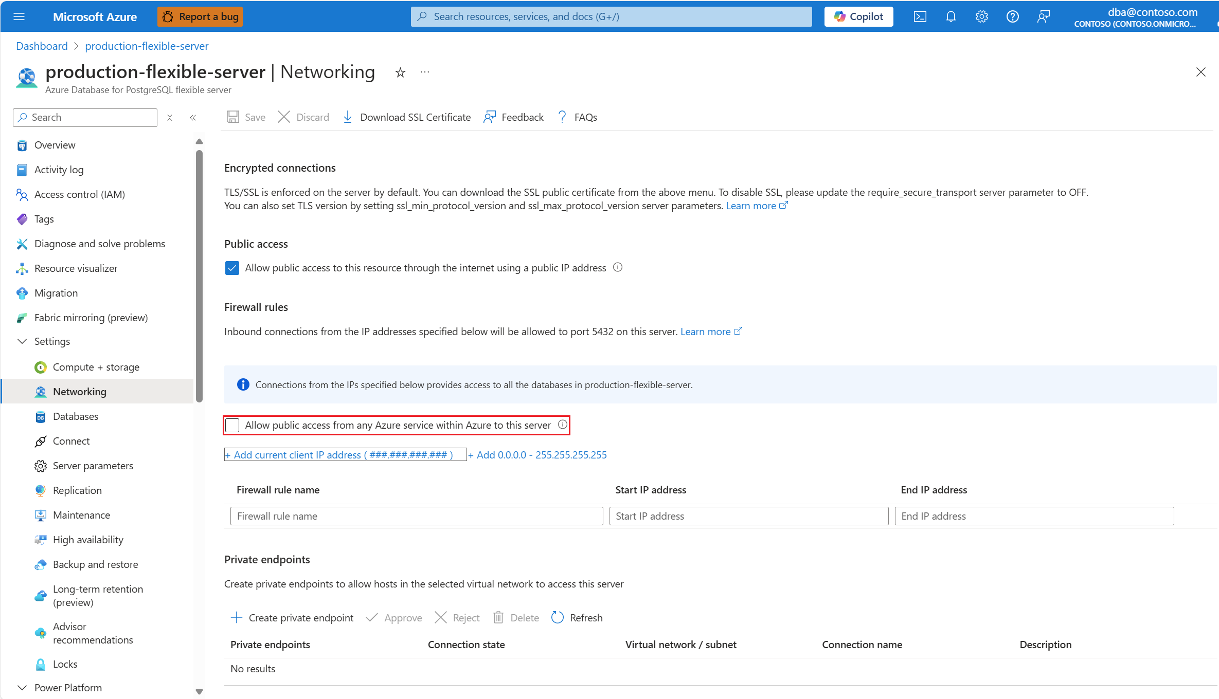 Screenshot della pagina di rete con il firewall.