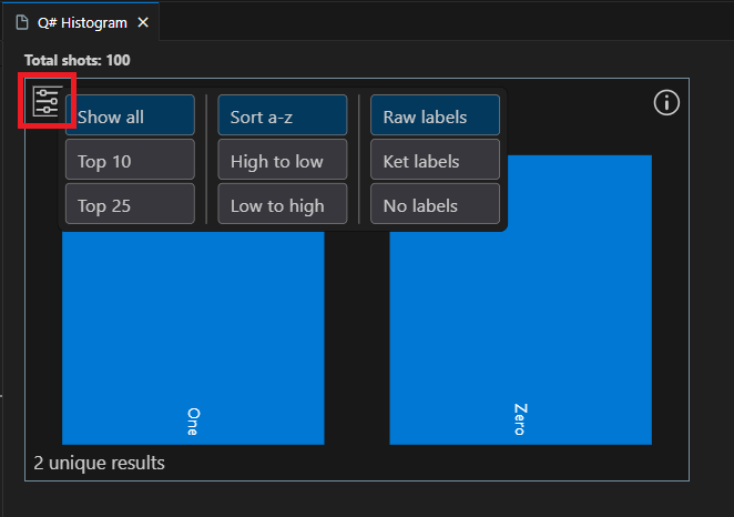 Screenshot della Q# finestra istogramma in che Visual Studio Code mostra come visualizzare le impostazioni.