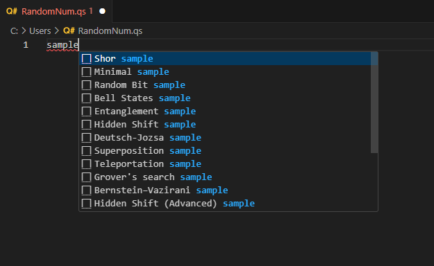 Esegui uno screenshot del file Q# in Visual Studio Code che mostra l'elenco di esempi di codice quando si scrive la parola 'sample' nel file.