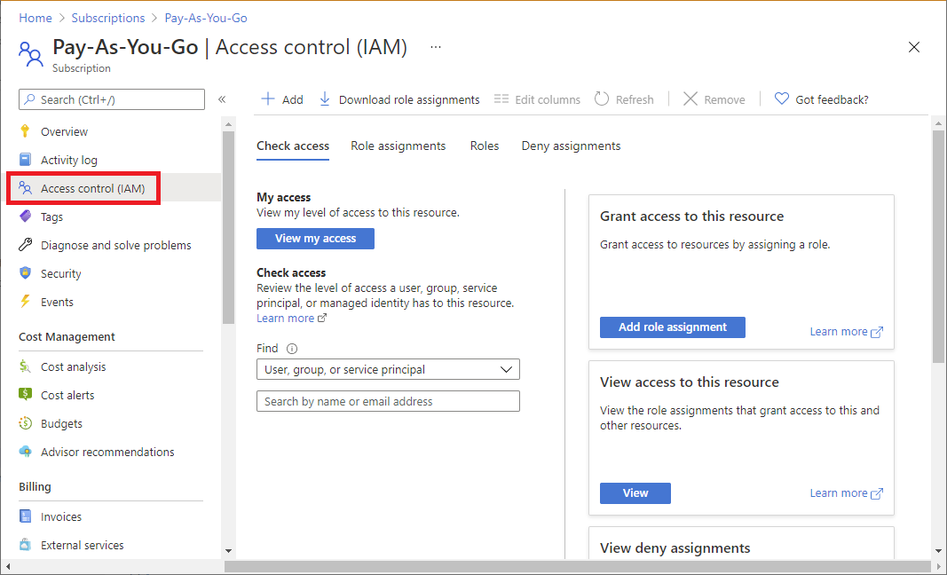 Schermata della pagina Controllo di accesso (IAM) per un abbonamento.