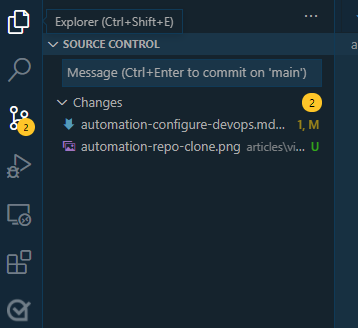 Screenshot di Visual Studio Code che mostra le modifiche del controllo del codice sorgente in sospeso dopo la copia dei file.