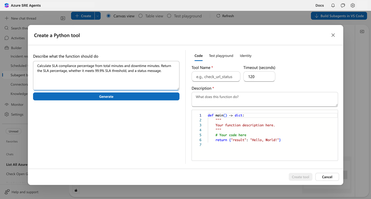Screenshot della finestra di dialogo dello strumento Python con la descrizione immessa.