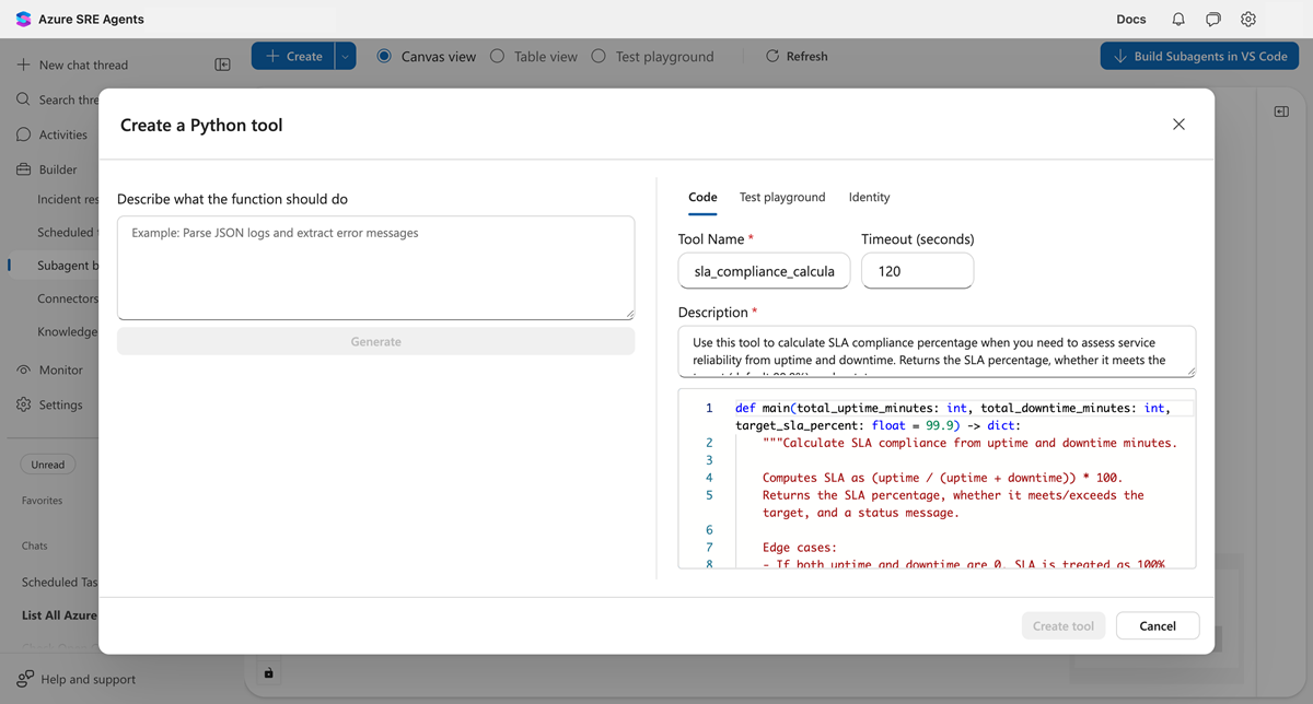 Screenshot della scheda Codice che mostra la funzione Python generata.