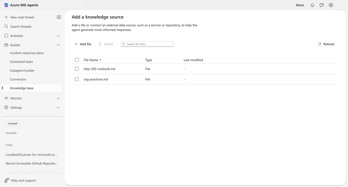 Screenshot della pagina delle impostazioni delle informazioni che mostra i file caricati con lo stato Indicizzato, colonne Nome file, Stato, Tipo e Ultima modifica.