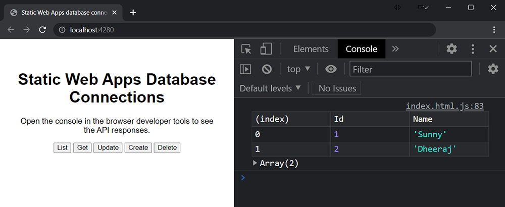 Web browser che mostra i risultati di Azure SQL nella finestra della console degli strumenti di sviluppo.