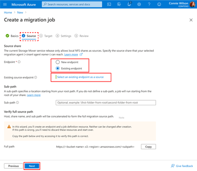 Una cattura dello schermo che mostra la pagina Crea un Migration Job con la scheda Origine selezionata e i campi obbligatori visualizzati.