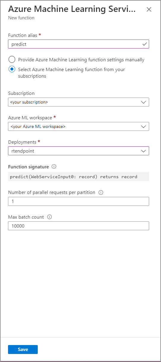 Configura l'UDF Azure Machine Learning