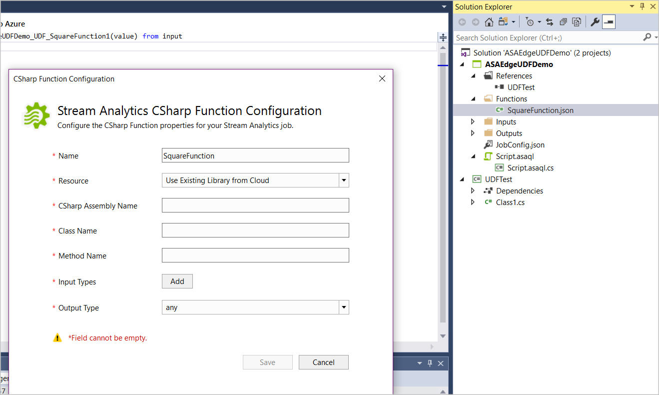 Configurazione della funzione C sharp in Visual Studio