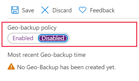 Screenshot del portale di Azure dell'opzione per disabilitare il backup geografico.