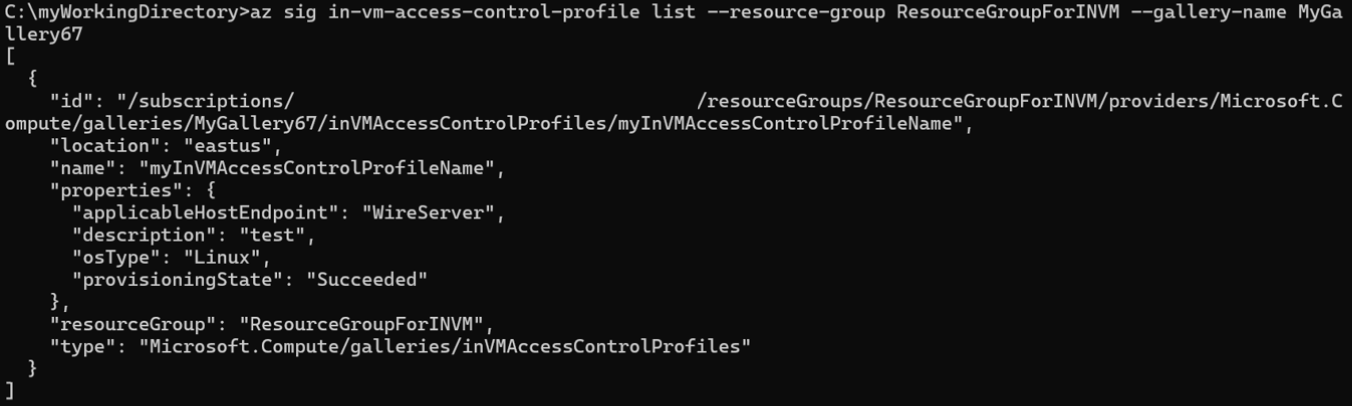 Screenshot del comando List per visualizzare tutti gli artefatti InVMAccessControlProfile sotto una raccolta specifica