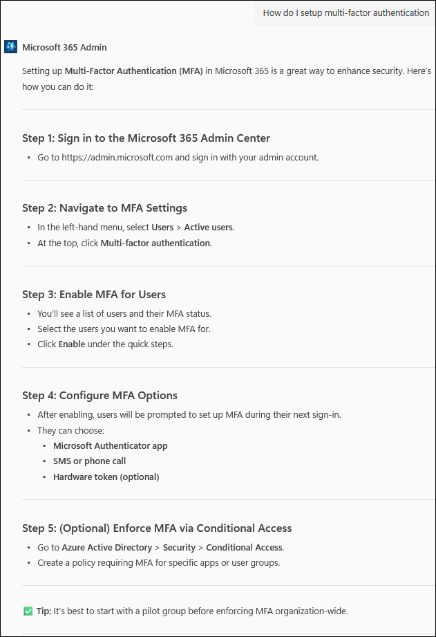 Screenshot: pagina prompt di Copilot e risposta che mostra la domanda: Ricerca per categorie configurare l'autenticazione a più fattori?