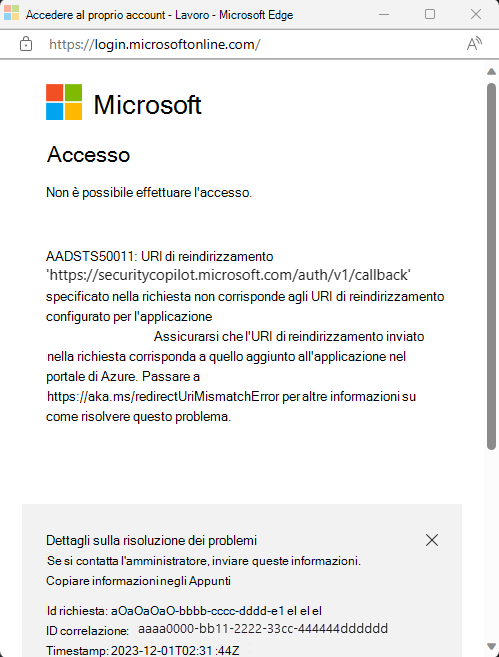 Immagine del messaggio di errore.