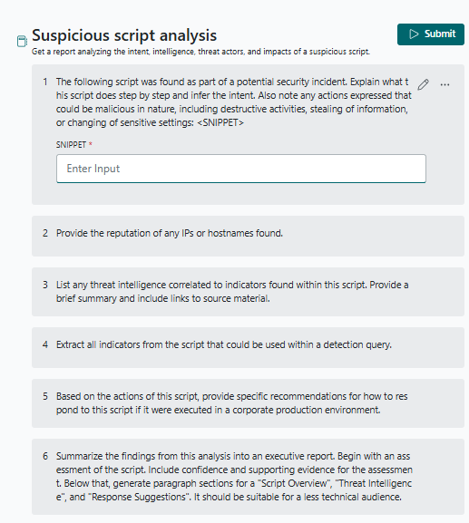 Screenshot che mostra l'analisi sospetta degli script in un promptbook.