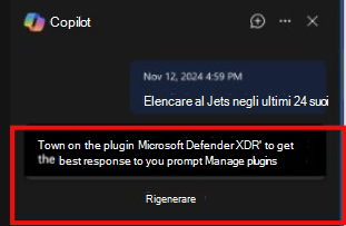Screenshot che mostra Copilot nell'esperienza incorporata di Defender quando il plug-in è limitato.