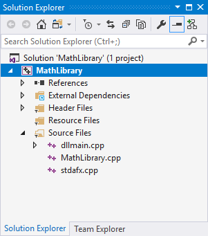 Screenshot della finestra Esplora soluzioni in Visual Studio 2017 con la libreria matematica evidenziata.