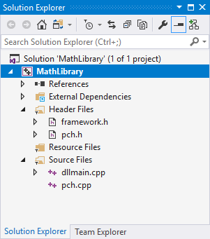 Screenshot della finestra Esplora soluzioni con il progetto MathLibrary evidenziato.