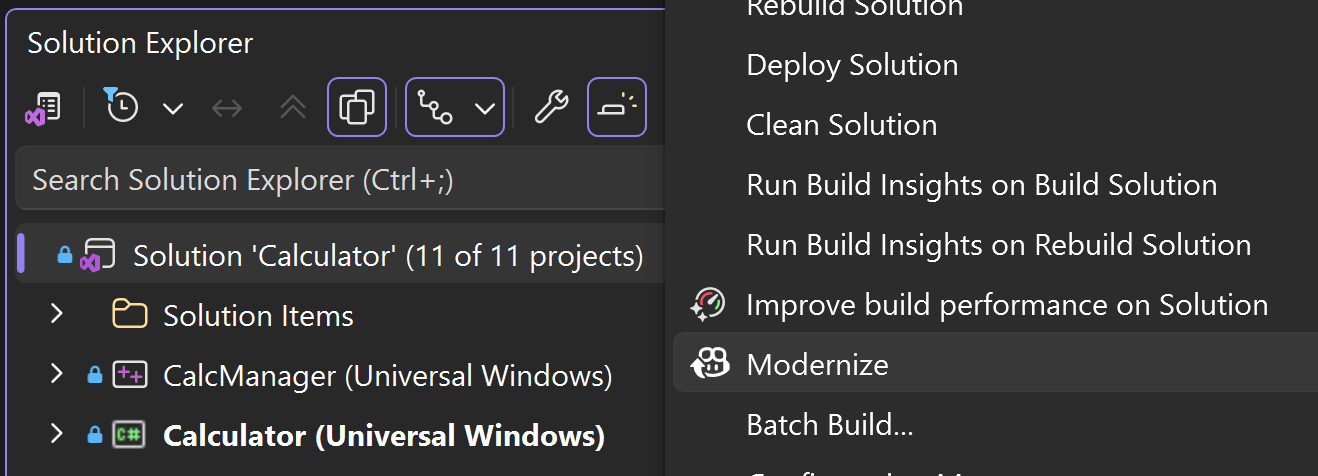 Screenshot di Esplora soluzioni di Visual Studio che mostra un menu di scelta rapida con Modernize selezionato per avviare l'agente Copilot.