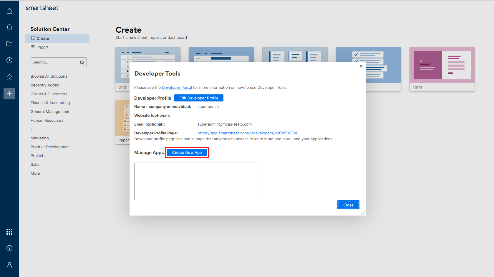 Screenshot che mostra il pulsante Crea nuova app.